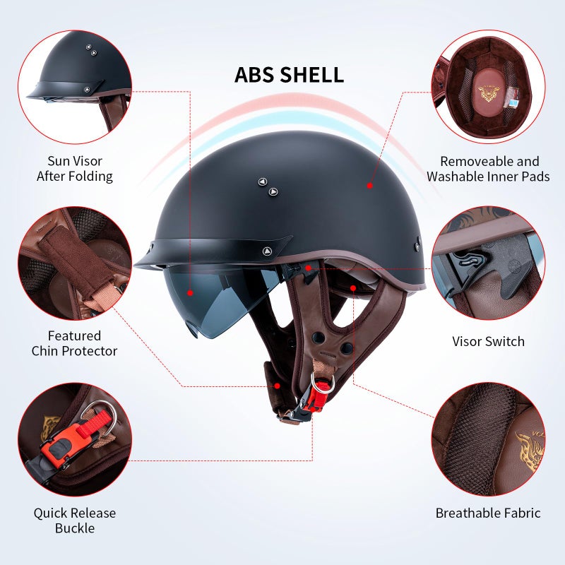 VCOROS Half Motorcycle Helmets Open Face Sun Visor Quick Release Buckle DOT Approved Cruiser Pilot Helmets for Adults Men Women(Matte Black M) - Image 4